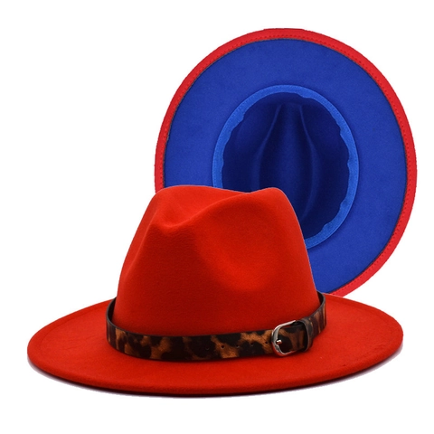 Cappello Fedora Bicolore Per Donne Uomini Ala Larga Piatta Feltro Di Lana Berretto Jazz Fibbia Cintura Leopardo Cappello Sole
