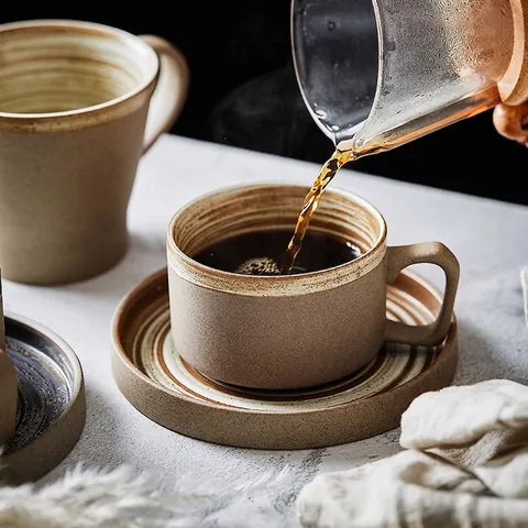 Keramik Kaffeetasse Und Untertasse Vintage Retro Grobkeramik Handgefertigt Ofenglasur Spiralmuster Frühstücksbecher