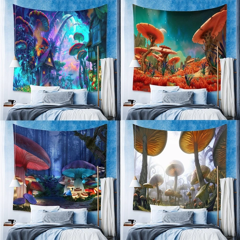 Mushroom Wall Tapestry Polyester Psychedelic Fantasy Forest Galaxy Glowing Trippy Mandala Aesthetic Room Decor