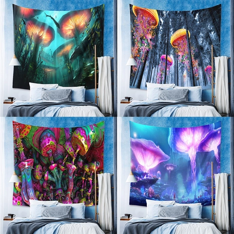 Mushroom Wall Tapestry Polyester Psychedelic Fantasy Forest Galaxy Glowing Trippy Mandala Aesthetic Room Decor