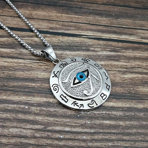 Collana Con Pendente Occhio Di Horus Antico Egitto Acciaio Inossidabile Geroglifici Intarsio Pietra Blu Gioielli Hip Hop