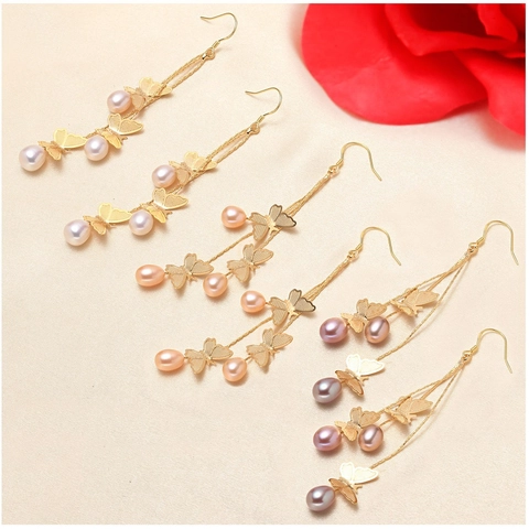 Elegant Butterfly Freshwater Pearl Long Drop Earrings With 925 Sterling Silver Earring Post For Women Handmade Jewelry