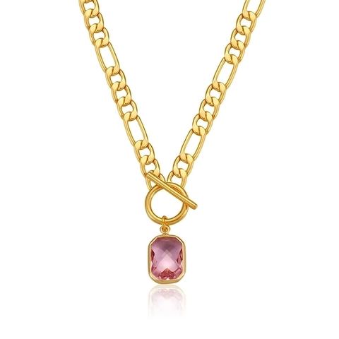 Minimalist Gold Plated Copper Figaro Chain Necklace With Pink Square Rhinestone Pendant Sweet Toggle Clasp Clavicle Jewelry For Women
