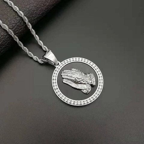 Betende Hände Anhänger Halskette Titanstahl Zirkonia Rundes Medaillon Hip Hop Religiöser Schmuck Für Männer Frauen