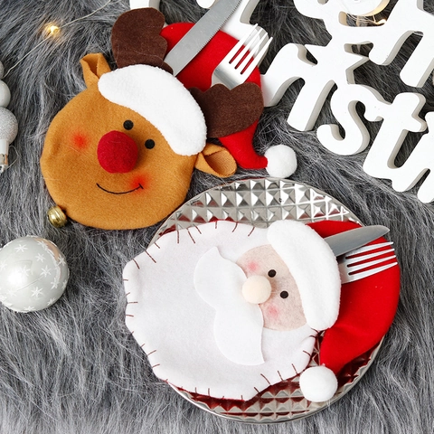 Christmas Cutlery Holder Non Woven Fabric Santa Claus Reindeer Shape Dining Table Decoration Festive Party Supply