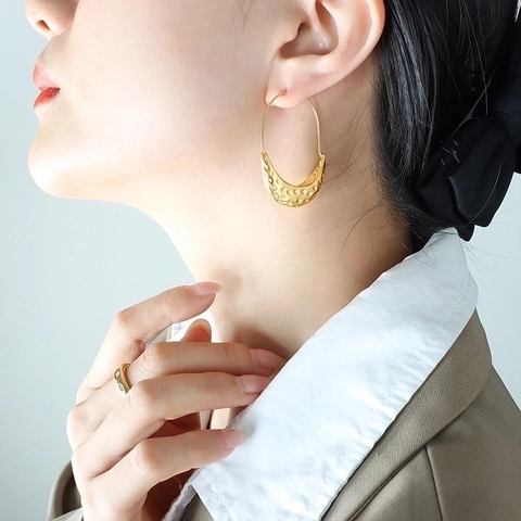 Pendientes De Aro En Forma De U Martillados Para Mujer Acero Inoxidable Chapado En Oro De 18K Geométricos Irregulares