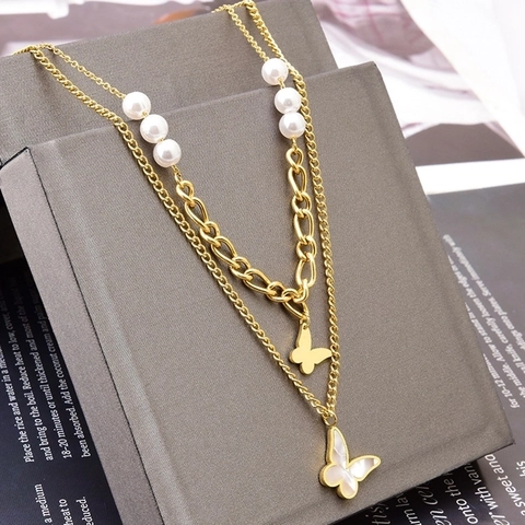 Collar De Varias Capas Con Colgante De Mariposa Acero Inoxidable Nácar Perlas Artificiales Joyería Elegante Vintage K18 Para Mujeres