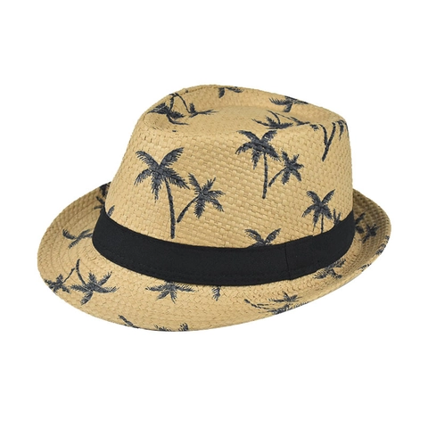 Cappello Fedora In Paglia Con Stampa Palme Nastro Nero Traspirante Protezione Solare Vacanze Spiaggia Tropicale Unisex
