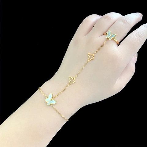 Titanstahl Schmetterling Handkette Mit Ring Integriertes Armband Vergoldet Perlmutt Verstellbarer Offener Handschmuck