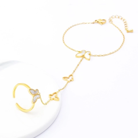 Titanstahl Schmetterling Handkette Mit Ring Integriertes Armband Vergoldet Perlmutt Verstellbarer Offener Handschmuck