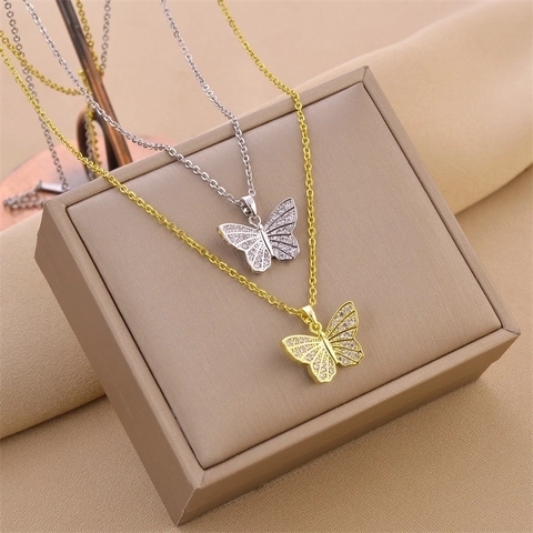 Collar Con Colgante De Mariposa Circón Micro Pavé Acero Inoxidable Y Cobre Joyas Animales Chic Regalo Para Mujeres