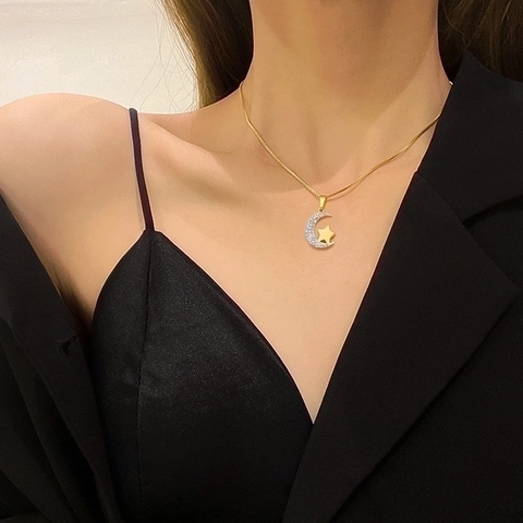 Collana Con Ciondolo Luna E Stella In Acciaio Al Titanio Con Strass Catena Per Clavicola Minimalista Da Donna Moda