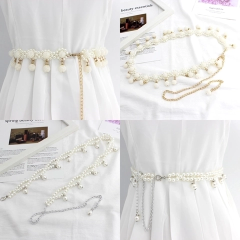 Women Waist Chain Belt Metal Alloy Faux Artificial Pearl Decorative Adjustable Hook Clasp Fashion Accessories For Dresses