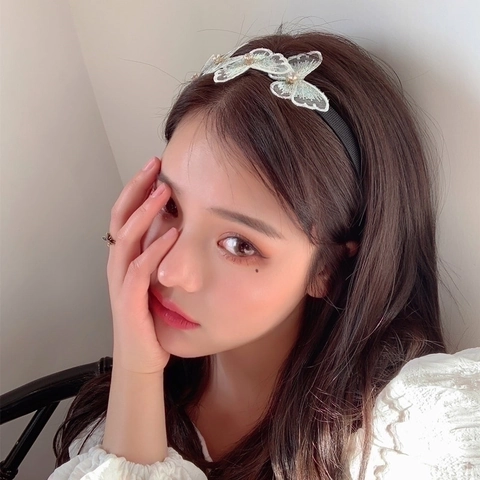 Diadema De Mariposa De Encaje Bordado Con Perla Artificial De Imitación Accesorios Para El Cabello De Hada Dulce Y Elegante Para Mujeres