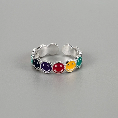 Enamel Lächelndes Gesicht Offener Ring 925 Sterling Silber Verstellbar Bunt Trendy INS Stil Schmuck Für Damen