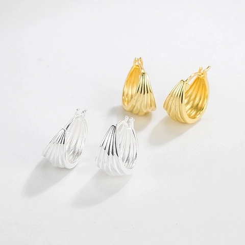 Orecchini a Cerchio Geometrici a Costine in Argento Sterling 925 Minimalisti Francesi Vintage Ondulati a C Donna