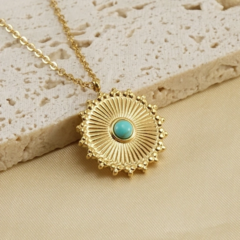 Vintage Sunburst Pendant Necklace 18K Gold Plated Stainless Steel Round Turquoise Inlaid Boho Jewelry For Women Dainty