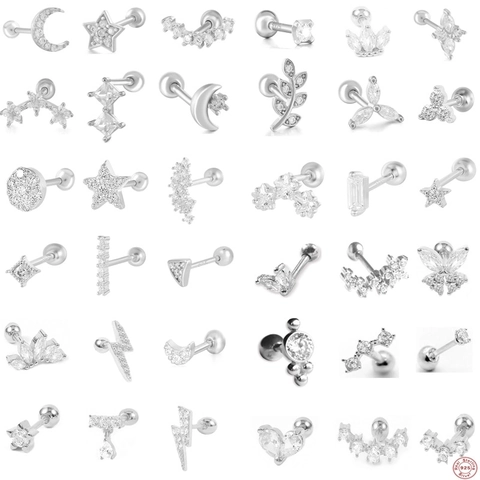 925 Sterling Silver Rhinestone Artificial Pearl Stud Earrings For Women Moon Star Lightning Flower Heart Piercing Jewelry