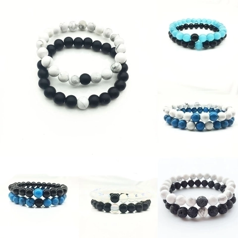 Bracciale Di Perline In Pietra Naturale Occhio Di Tigre Lava Agata Nera Opaca Turchese Bianco Elastico Gioiello Coppia Amicizia