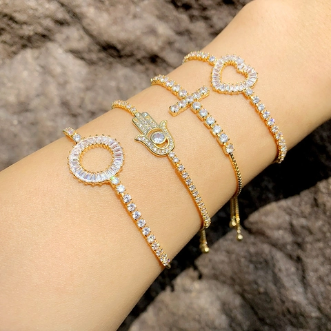 Pulsera De Cobre Ajustable Para Mujer Chapado En Oro Zirconia Corazón Cruz Hamsa Colgante Joyas De Moda Encanto