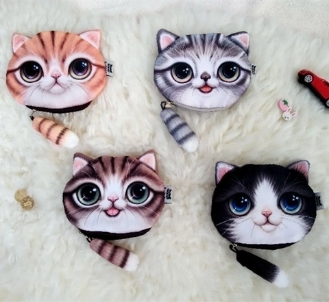 Realistic Cat Head Coin Purse 3D Print Soft Plush Zippered Small Pouch With Long Tail Pull Novelty Gift