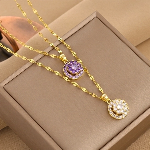 Ronde Bloem Cluster Hanger Ketting Verguld Roestvrij Staal Koper Zirkoon Ingelegd Elegante Sieraden Voor Vrouwen