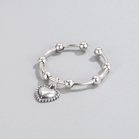 925 Sterling Silver Heart Pendant Beaded Ring Open Adjustable Retro Fashion Jewelry For Women