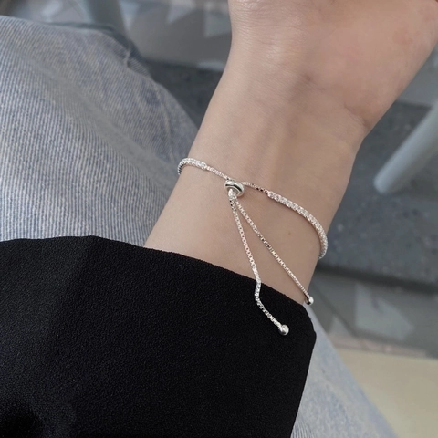 925 Sterling Silver Adjustable Bracelet Geometric Zirconia Inlay Box Chain Slider Closure Women Elegant Jewelry