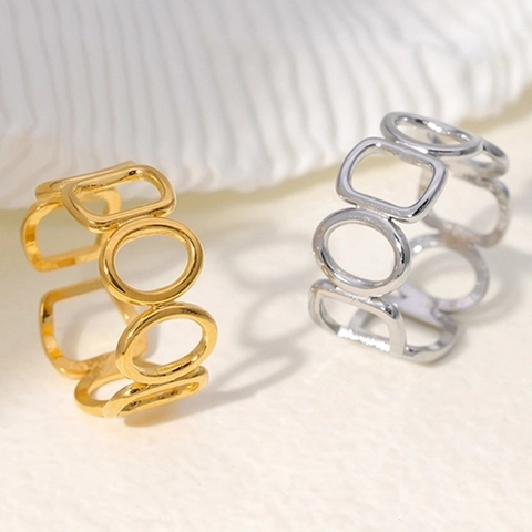 Geometric Hollow Adjustable Open Ring Stainless Steel Minimalist Gold Silver Color Chic Jewelry For Women