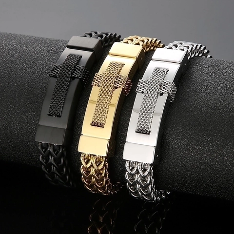 Bracciale Croce Hip Hop Da Uomo Acciaio Inossidabile 316L Catena Intrecciata Piastra Curva Gioielli Rock Punk