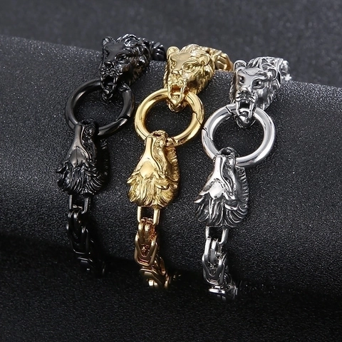 Men Byzantine Chain Bracelet Titanium Steel Retro Punk Lion Dragon Snake Skull Head Street Hip Hop Jewelry