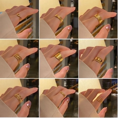 Vintage Adjustable Open Rings Titanium Steel 18K Gold Plated Geometric Minimalist Ins Style Finger Jewelry For Women