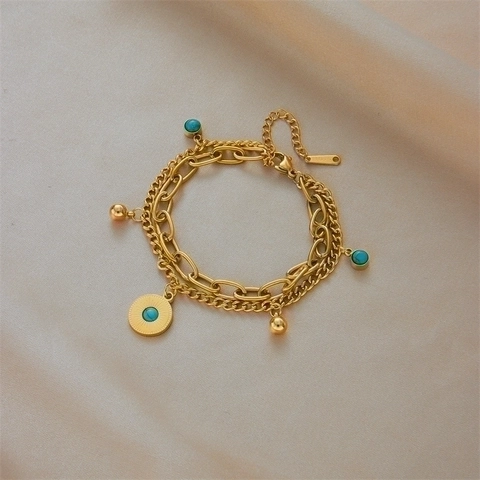 Bracciale Vintage Doppio Strato in Acciaio Inossidabile Placcato Oro per Donna con Ciondolo Rotondo in Turchese Artificiale Gioielli