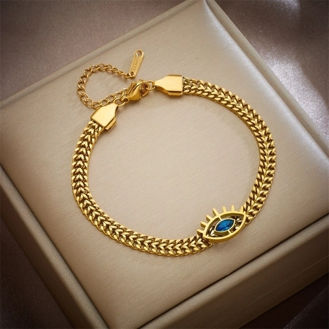 Damen Edelstahl Evil Eye Armband Gold Weizenkette Blauer Edelstein Verstellbare Verlängerung Retro Mode Schmuck