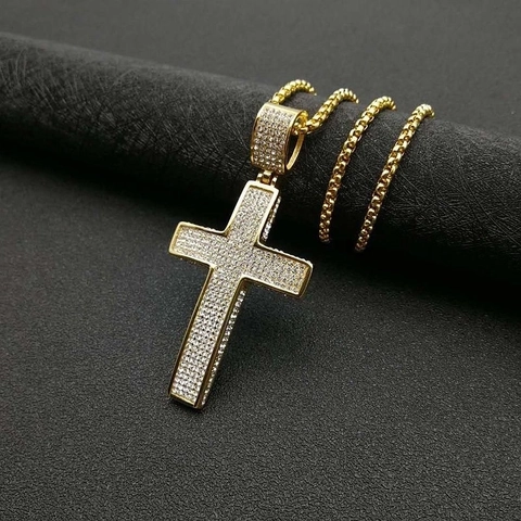 Collana Con Pendente A Croce Hip Hop Acciaio Al Titanio Iced Out Strass Gioielli Placcati In Oro Per Uomini Donne Catena A Scatola