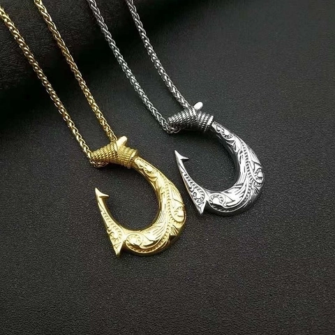 Fish Hook Pendant Necklace Titanium Steel Gold Plated Vintage Engraved Nordic Viking Hip Hop Jewelry For Men Women