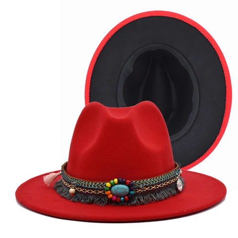 Cappello Fedora In Feltro Di Lana Tesa Larga Fascia Decorativa Etnica Bohémien Nappa Turchese Cappello Jazz Uomo Donna