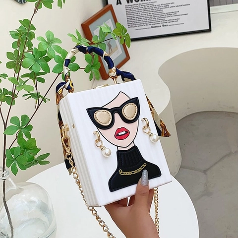 Borsa A Scatola Chic Donna Design Viso Cartone Animato Pelle PU Tracolla Manico Foulard Künstliche Perle Catena