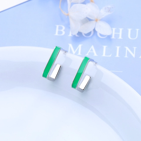 Orecchini a Bottone Quadrati Geometrici Semplici Stile Coreano per Donna Minimalista Verde Smalto Rame Placcato Argento Gioielli