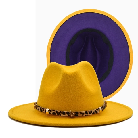 Wide Brim Fedora Hat Wool Felt Elegant Leopard Band Star Metal Decor Color Block Vintage Jazz Cap For Women Men