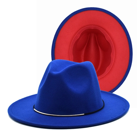 Cappello Fedora Bicolore Feltro Di Lana Tesa Larga Piatta Stile Jazz Retro Con Barra Di Metallo Dorato Accessorio Unisex