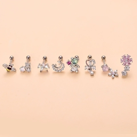 Cartilage Stud Earrings Copper Stainless Steel Post Zircon Helix Piercing Jewelry Ball Screw Back Flower Bee Bear Moon Shape