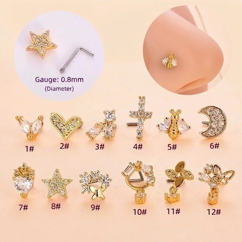 Pendientes De Nariz En Forma De L De Acero Inoxidable Cobre Incrustaciones De Zircón Mariposa Cruz Abeja Luna Joyería De Piercing Estilo Elegante