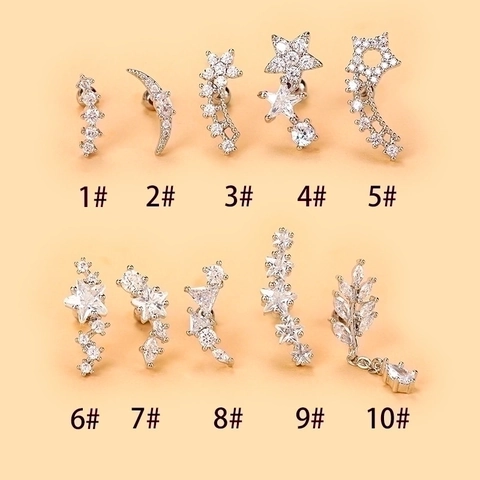 Cartilage Stud Earrings Stainless Steel Copper Cubic Zirconia Star Moon Leaf Geometric Piercing Jewelry For Women Men