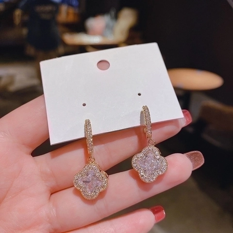 Boucles D'Oreilles Trèfle Fleur Avec Tige En Argent Sterling 925 Cuivre Plaqué Or Zircone Pour Femmes