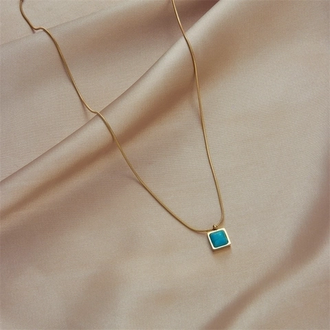 Retro Square Turquoise Pendant Necklace Gold Plated Stainless Steel Snake Chain Jewelry For Women