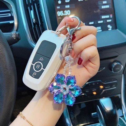 Porte-Clés Fleur en Cristal Pendentif de Sac Flocon de Neige Étincelant Anneau de Clé de Voiture pour Femme Bijoux