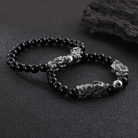 Bracelet En Perles D'agate Noire Avec Breloques PiXiu En Acier Inoxydable Amulette De Chance Pour Hommes Bijoux Street
