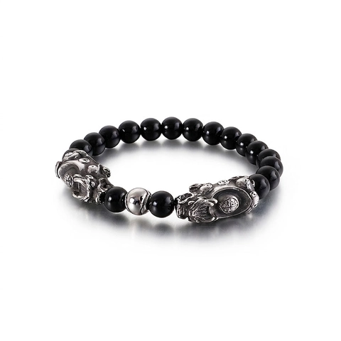 Bracelet En Perles D'agate Noire Avec Breloques PiXiu En Acier Inoxydable Amulette De Chance Pour Hommes Bijoux Street
