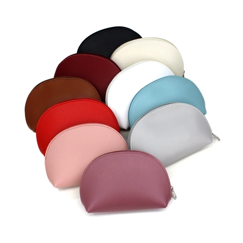 Semi Circular PU Leather Cosmetic Bag Shell Shaped Makeup Pouch With Zipper Travel Toiletry Storage For Women